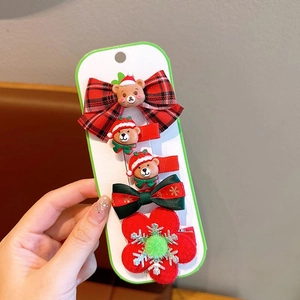 Detailed set of 5 Christmas hair clips with cute bears and plaid bows on card