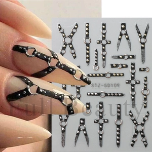 5D embossed dark punk nail stickers featuring 3D cross and belt designs on nails