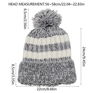 Detailed size chart for gray and white striped knit beanie with measurements and pompom