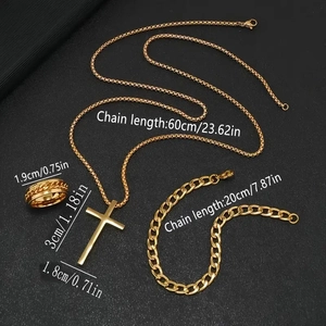 Detailed size specs for golden cross necklace, bracelet, and ring jewelry set for men