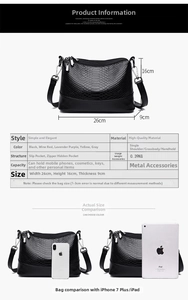 Detailed size specifications and interior structure of the PU leather crossbody handbag