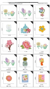 Detailed size chart for 15 floral embroidery patches with self-adhesive and iron-on backings
