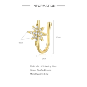 Detailed size chart for the S925 sterling silver star-shaped nose cuff with zircon stone