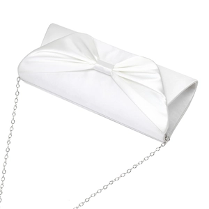 Close-up of white satin evening clutch featuring a large bow and silver metal chain strap