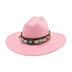 Sombrero jazz de fieltro de lana rosa con banda étnica decorativa de turquesas