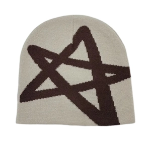Close-up of gray knit beanie showing detailed star pattern and warm wool texture