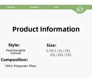 Tabla de tallas e info de tejido para pantalones casuales de 100% poliéster