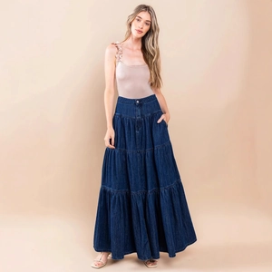 Gonna lunga di jeans blu scuro a balze con vita alta e dettagli invecchiati