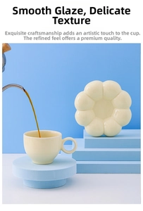 Macro view of cream ceramic sunflower cup set with smooth glazed texture and floral saucer