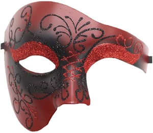 Dettaglio maschera veneziana mezza faccia con glitter rossi e neri per feste