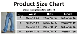 Size chart for high-waisted washed straight jeans showing waist and hip measurements