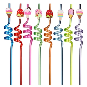 Spiral Plastic Drinking Straws With Cartoon Ice Cream Silicone Attachments For Kids Party Colorful Reusable