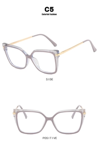 Detailed views of square grey-purple anti-blue light glasses with gold metal temples