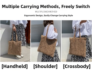 Detailed views of woven hollow tote bag showing handheld, shoulder and arm carry styles