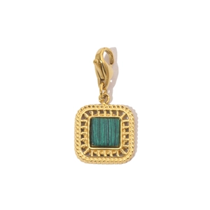 Macro detail of square green malachite pendant with golden border and lobster clasp