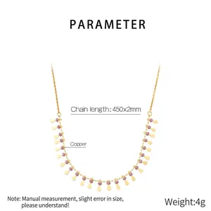 Detail showing gold copper necklace with purple beads, 450mm chain length and 4g weight