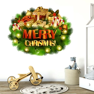 Christmas Wreath Wall Sticker PVC Waterproof Merry Christmas Lettering Gift Box Candy Cane Decal For Living Room Bedroom Shop Decoration