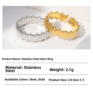 Detailed chart of adjustable wavy stainless steel rings in gold and steel finishes