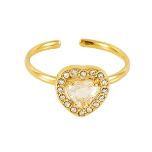 Double layered 18K gold stainless steel open ring with heart shaped cubic zirconia stone