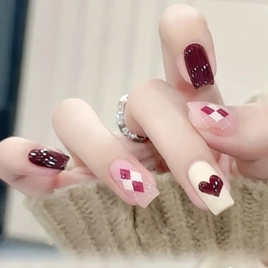 Press On Nails Long Coffin Ballerina Shape Rhombus Plaid Heart Pattern Wine Red Glossy ABS Artificial Fake Nails For Women