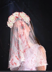Detail of Halloween ghost bride headband with red blood splattered white mesh veil