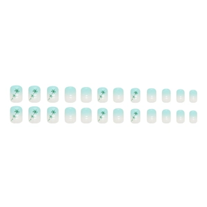 Short round gradient light blue press-on nails set with green leaf patterns and 24 pieces