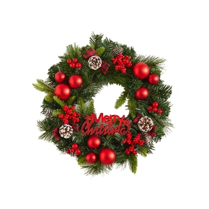 Classic Christmas wreath with red berries, pine cones and Merry Christmas sign on white background