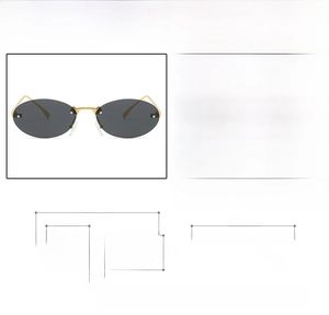 Detailed sizing chart and specifications for Y2K rimless oval metal sunglasses