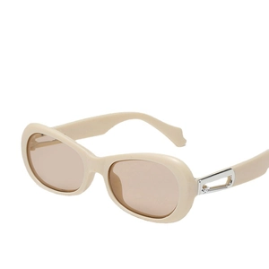 Retro oval sunglasses with beige plastic frame and silver metal hinge decoration