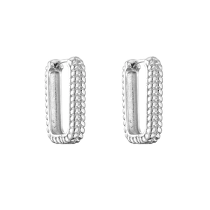 Silver geometric huggie earrings with woven rope texture and rectangle design