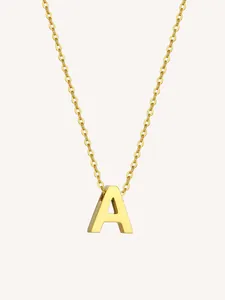 Close-up of a polished gold stainless steel necklace with a 3D letter A pendant