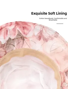 Detail of soft cotton sweatband and breathable mesh lining on floral sun hat