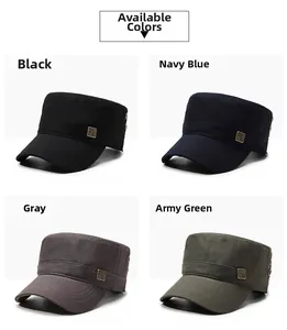 Detail view of four color options for the canvas flat top army cap with metal side logo