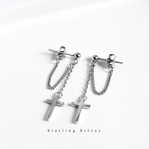 Minimalist sterling silver cross stud earring with chain in punk style for women