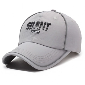 Quick-dry light grey baseball cap with triple SILENT embroidery from a 45-degree angle