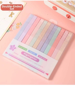 Detail of 12-color double-ended highlighter set in clear box for stationery journaling