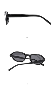 Detail view of oval black sunglasses frames and temples from side and back angles