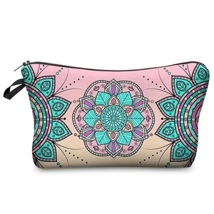 Detail of travel makeup bag with colorful mandala patterns and durable black zipper strap