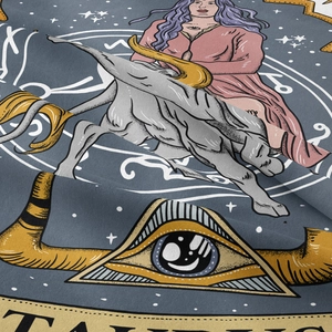 Detail of Taurus zodiac tapestry showing a woman on a bull with the all-seeing eye symbol