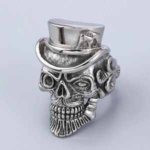 Detailed close-up of vintage punk skull ring with top hat and mustache texture in silver