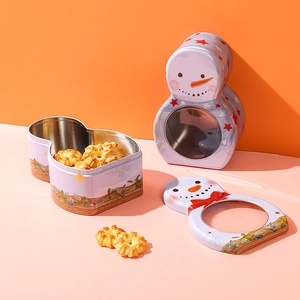 Snowman shaped tin box with clear window for Christmas candy and cookie packaging