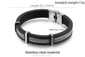 Detail of stainless steel woven texture and clasp on men's black leather fashion bracelet