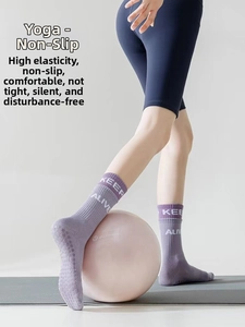 Detail showing non-slip silicone grippers on purple yoga socks with KEEP ALIVE print
