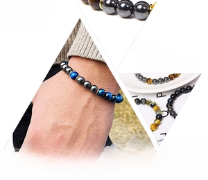 Detailed infographic of 8mm natural tiger eye stone bracelet for men showing beads texture