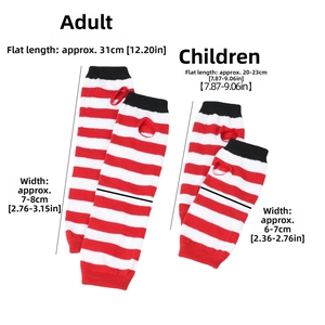 Detailed size guide for knitted striped arm warmers and socks in adult and child sizes