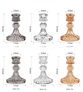 Detailed size chart for glass candle holders showing height, diameter, and weight specs