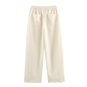 Pantaloni larghi da donna bianco sporco con vita alta elastica e tasche posteriori piatti