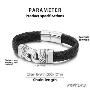 Detail showing cowhide braided strap and engraved stainless steel clasp dimensions