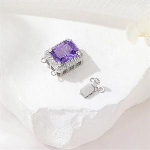 Silver jewelry connector clasp with purple rectangular gemstone and micro-pave crystals