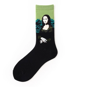 Artistic mid-calf socks featuring pixelated Mona Lisa portrait with green rib cuffs